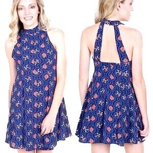 Altar’d State Navy Blue Floral Print Open Back Skater Dress Size Small